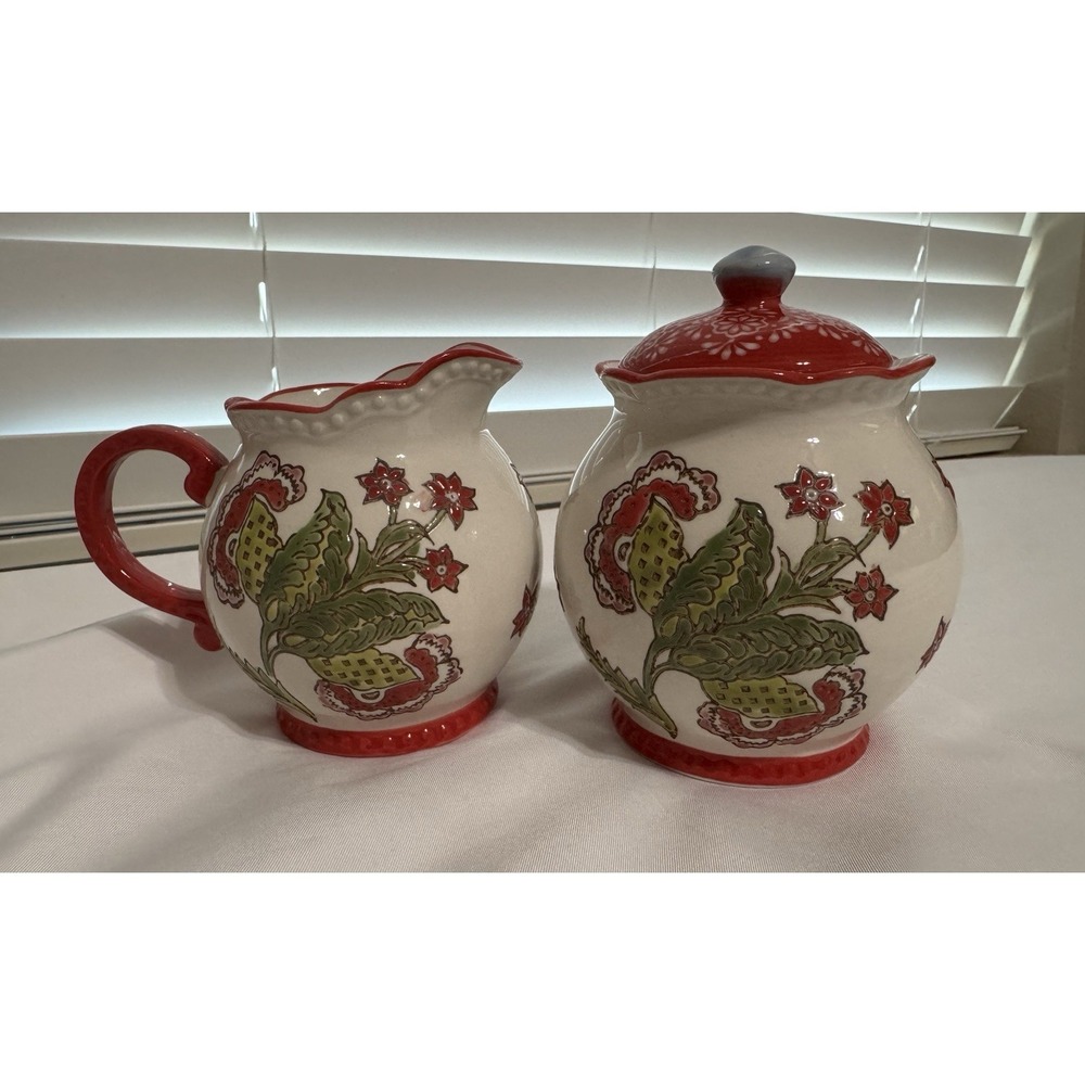 Dutch Wax Ceramic Cream & Sugar Bowl White Red Green Handpainted Floral Embossed